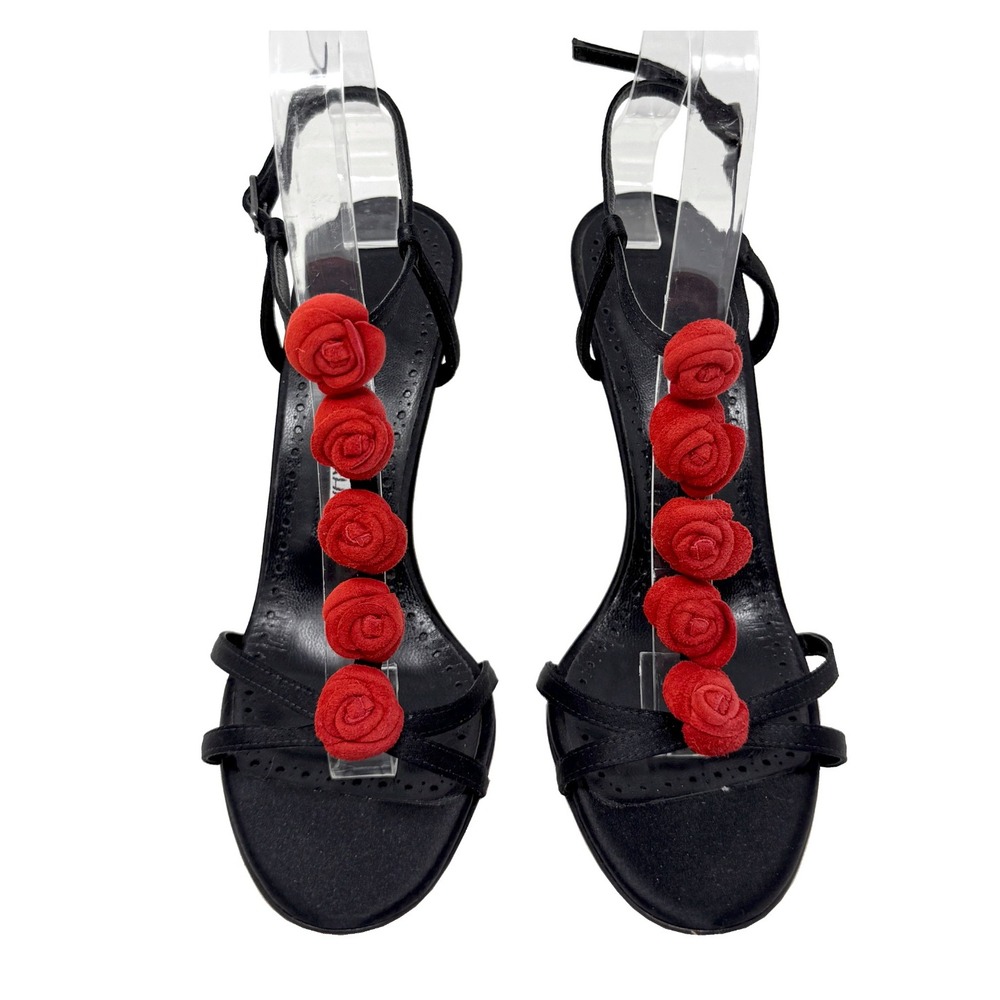 Manolo Blahnik Black Satin Heels‎ Floral Stiletto Sandals 37.5
